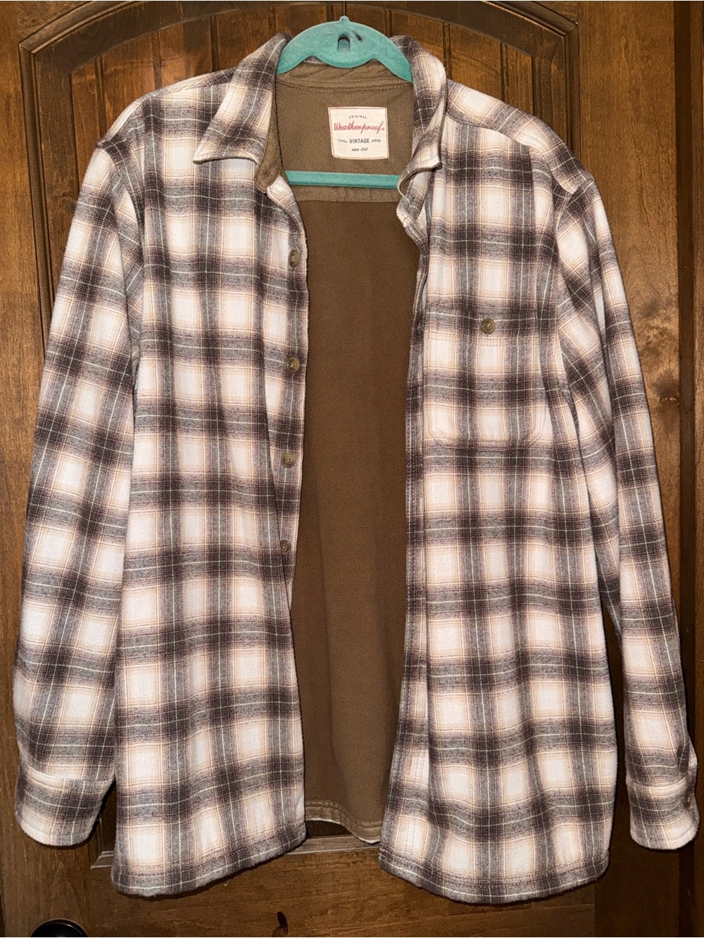 Weatherproof Brown Plaid Jacket with Teal Trim